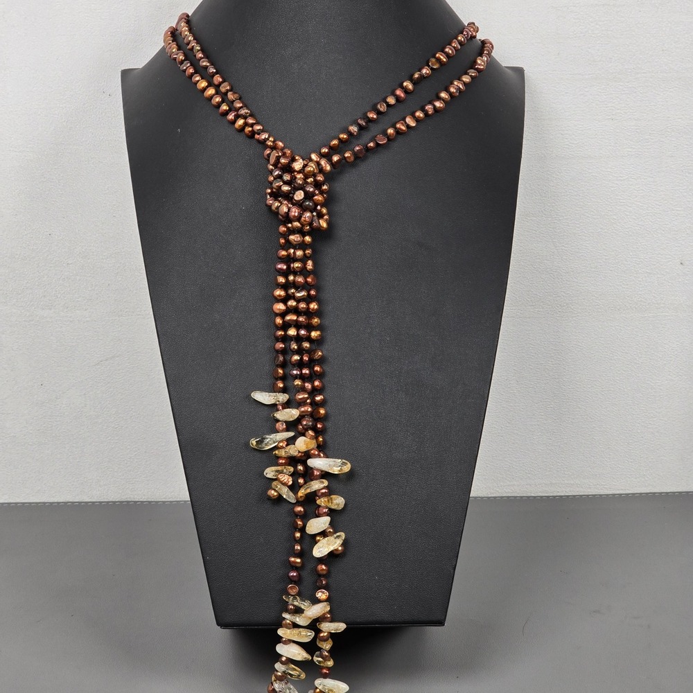Cool Copper Colored Freshwater Potato Pearl Quartz Lariat Strand Necklaces 50"